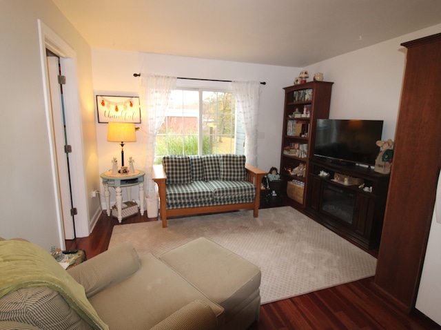 living room featuring dark hardwood / wood-style floors and a fireplace