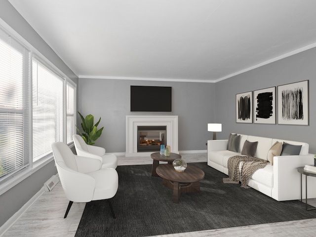 living room with ornamental molding and hardwood / wood-style floors