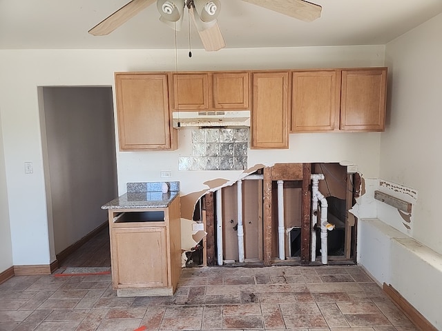 kitchen with ceiling fan and light brown cabinets