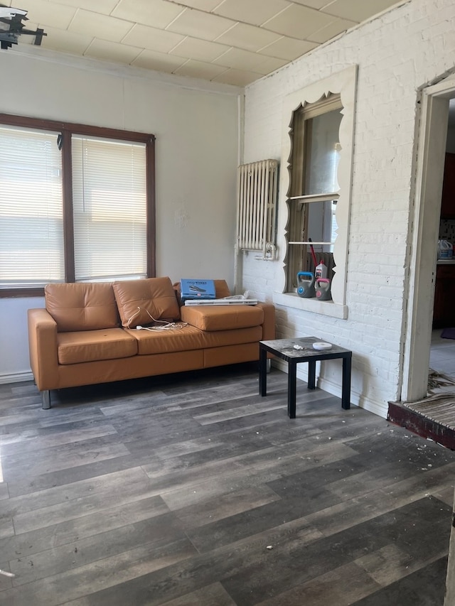 living room with brick wall, ornamental molding, and dark hardwood / wood-style flooring