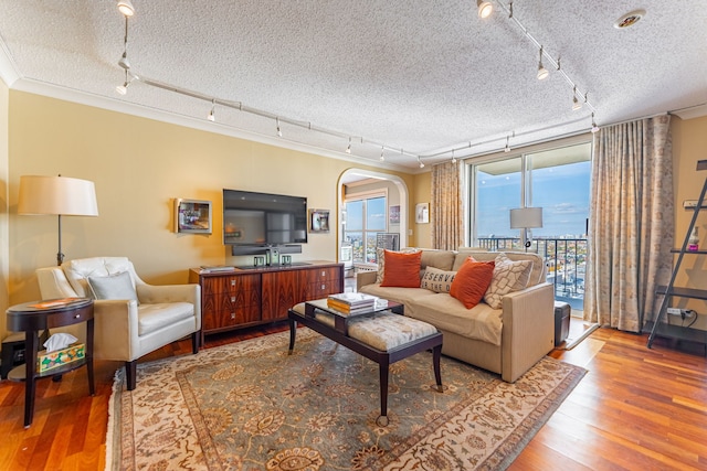 living room featuring a textured ceiling, hardwood / wood-style flooring, and track lighting