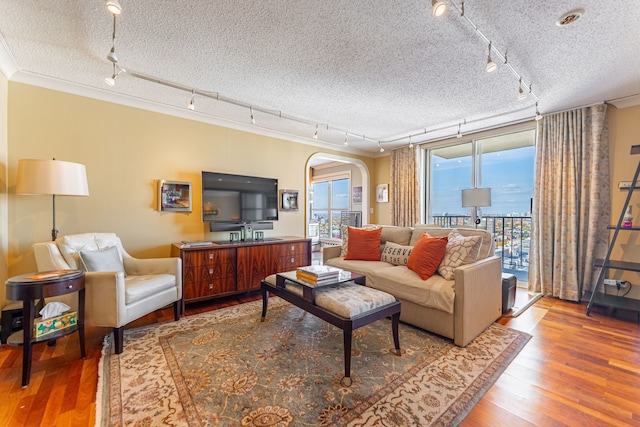 1212 N Lasalle Dr Unit 2404, Chicago, IL 60610 - living room featuring track lighting, wood finished floors, arched walkways, a textured ceiling, and crown molding