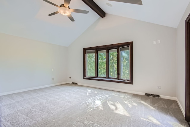 unfurnished room with beam ceiling, light carpet, high vaulted ceiling, and ceiling fan