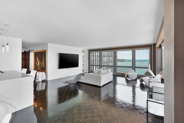 living room with a barn door and dark parquet floors