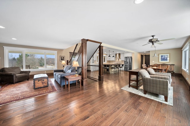 living room with dark wood-type flooring