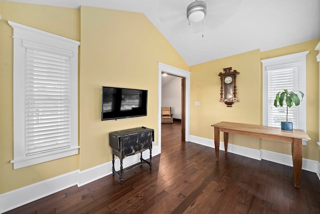 interior space with ceiling fan, dark hardwood / wood-style floors, and lofted ceiling