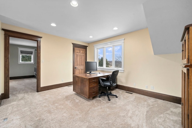 home office with light carpet