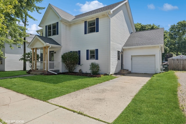 view of front of house with a porch, a front yard, and a garage