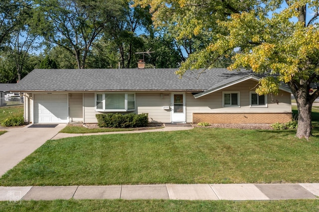 single story home with a garage and a front yard