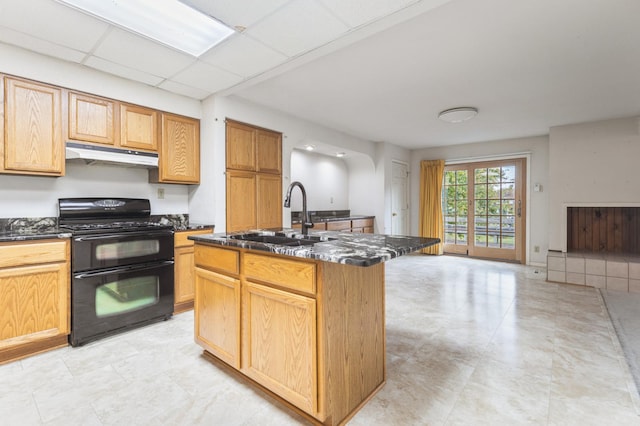 kitchen featuring black stove, a paneled ceiling, a kitchen island with sink, and sink