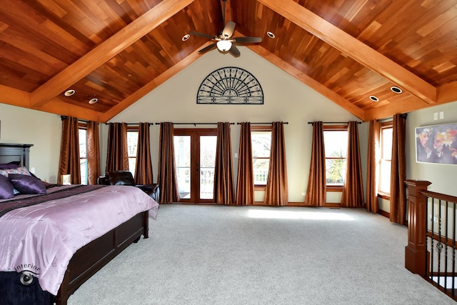 carpeted bedroom featuring french doors, wood ceiling, ceiling fan, high vaulted ceiling, and beamed ceiling