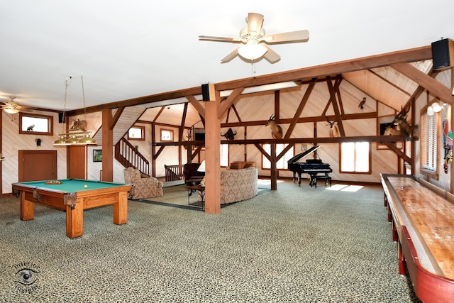 recreation room featuring carpet flooring, ceiling fan, lofted ceiling, and pool table