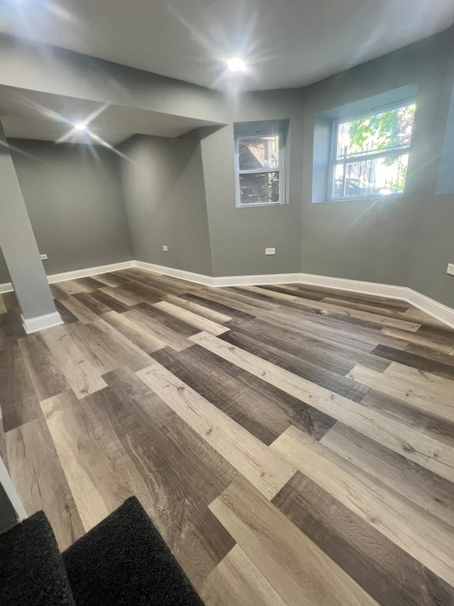 basement with wood-type flooring