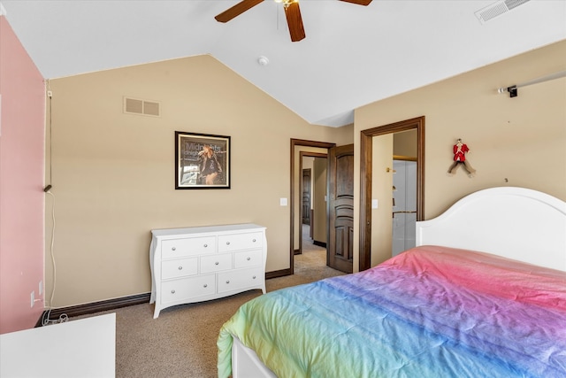 carpeted bedroom featuring lofted ceiling and ceiling fan