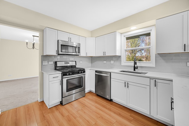 kitchen featuring white cabinets, stainless steel appliances, sink, and light wood-type flooring