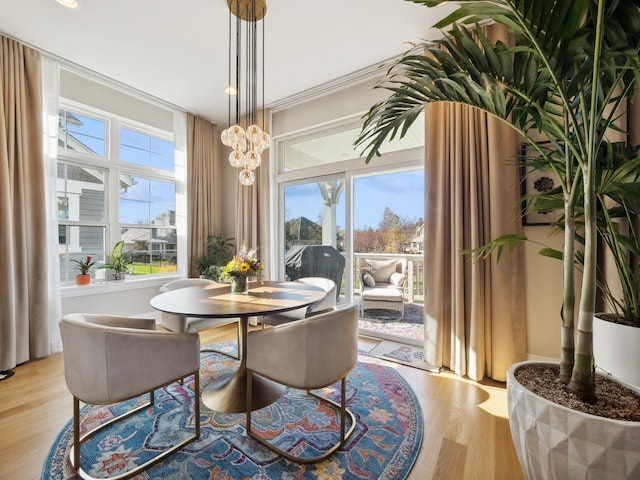 dining room with light hardwood / wood-style flooring and ornamental molding