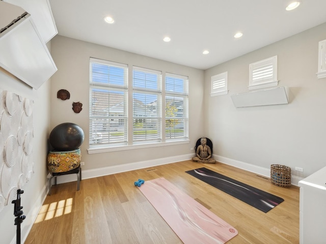 exercise area featuring light hardwood / wood-style floors