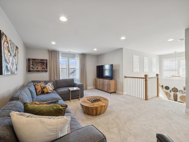 living room featuring light colored carpet