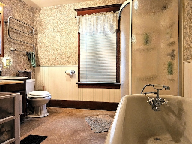 full bathroom with vanity, toilet, independent shower and bath, and wooden walls