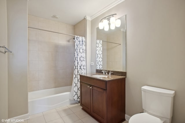 full bathroom with toilet, tile patterned floors, vanity, crown molding, and shower / bathtub combination with curtain