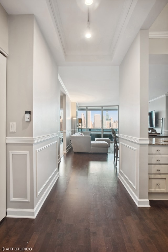 hallway featuring crown molding, a tray ceiling, and dark hardwood / wood-style flooring