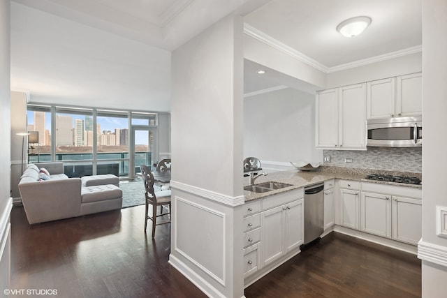 kitchen with sink, white cabinets, stainless steel appliances, and dark hardwood / wood-style floors