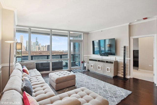 living room with crown molding, dark hardwood / wood-style floors, and floor to ceiling windows