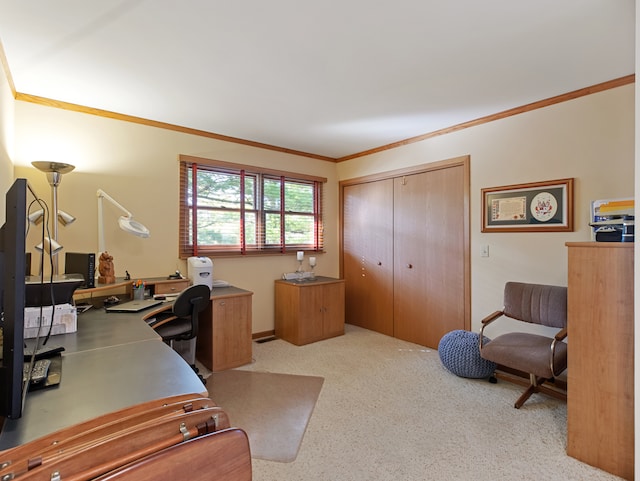 office area with light colored carpet and crown molding