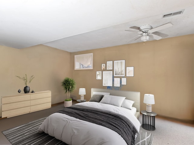 bedroom featuring ceiling fan and carpet floors