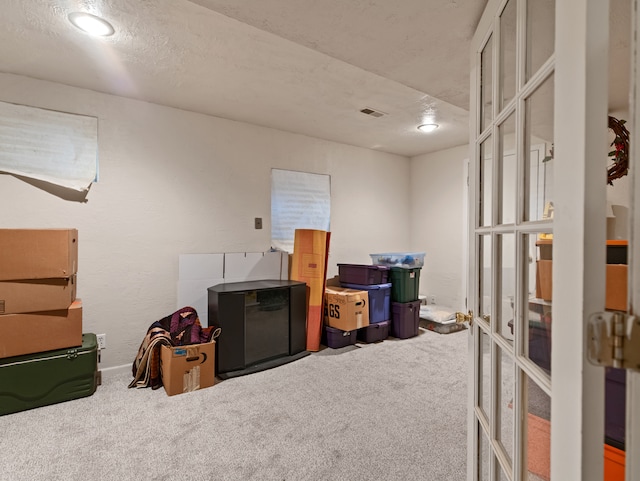 basement featuring carpet, french doors, and a textured ceiling