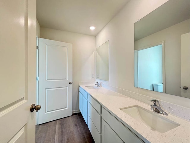 bathroom with hardwood / wood-style floors and vanity