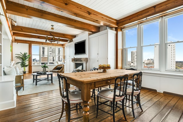 dining space featuring wood ceiling, beamed ceiling, dark hardwood / wood-style flooring, and plenty of natural light