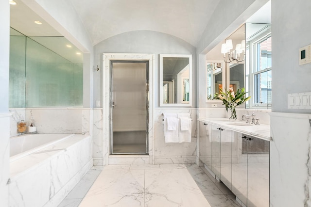 1320 N State Pkwy Unit 14-15Cd, Chicago, IL 60610 - full bathroom featuring vanity, a bath, a chandelier, marble finish flooring, and lofted ceiling