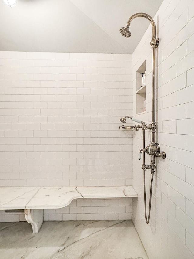1320 N State Pkwy Unit 14-15Cd, Chicago, IL 60610 - full bathroom with lofted ceiling and a tile shower