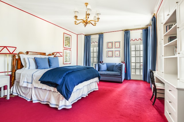 carpeted bedroom with crown molding and a notable chandelier