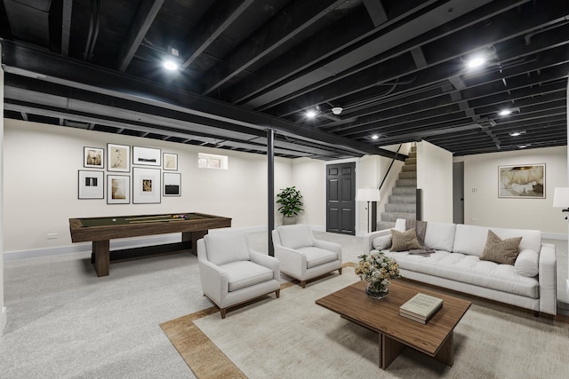 carpeted living room featuring pool table