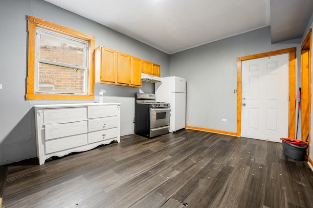 5338 S Wood St, Chicago, IL 60609 - kitchen featuring stainless steel gas range oven, freestanding refrigerator, under cabinet range hood, dark wood finished floors, and light countertops