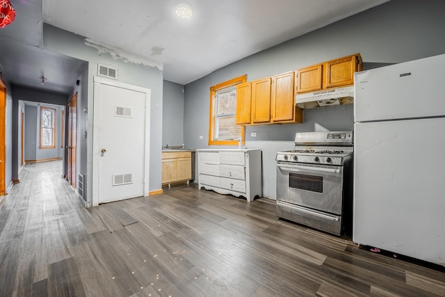 5338 S Wood St, Chicago, IL 60609 - kitchen with freestanding refrigerator, stainless steel gas range, under cabinet range hood, and dark wood-type flooring