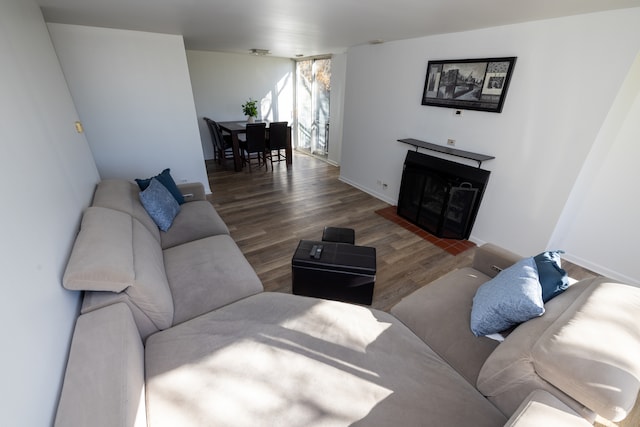 living room with dark hardwood / wood-style flooring