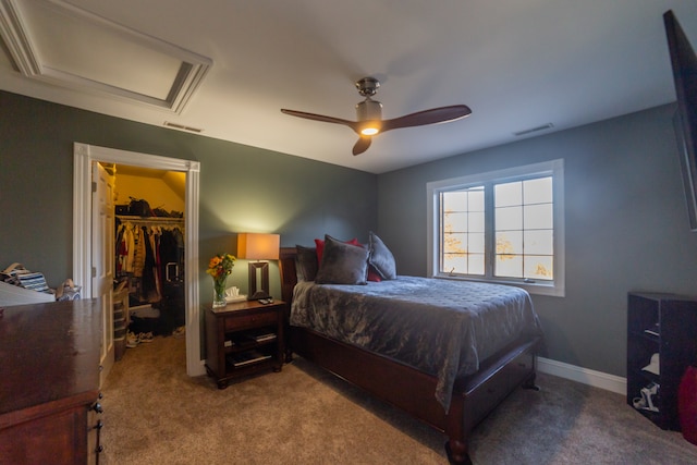 bedroom with carpet floors, a walk in closet, a closet, and ceiling fan