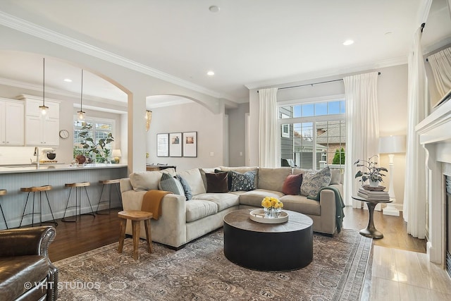 living room featuring wood-type flooring, ornamental molding, and a healthy amount of sunlight