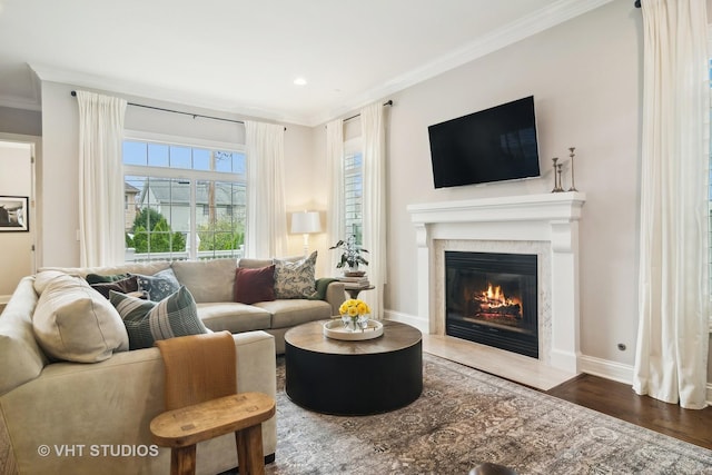 living room with ornamental molding, dark hardwood / wood-style floors, and a high end fireplace