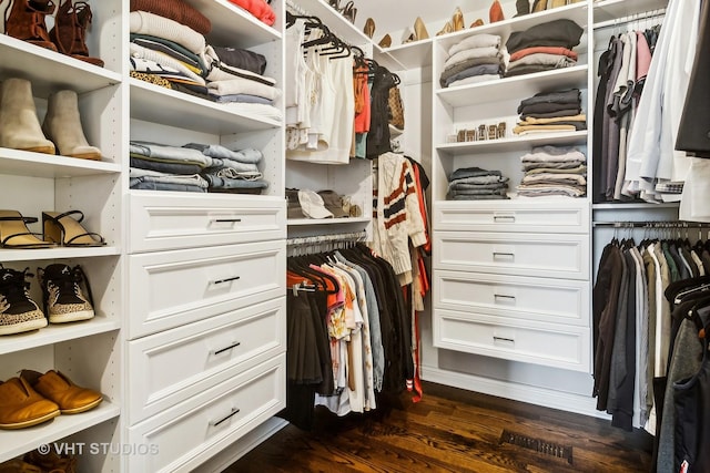 spacious closet with dark wood-type flooring