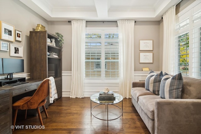 office with beamed ceiling, ornamental molding, coffered ceiling, and dark wood-type flooring