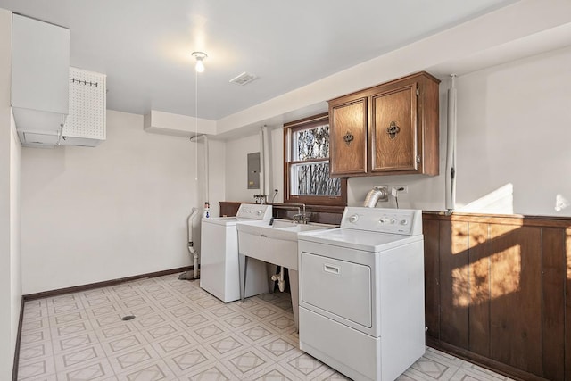 laundry room with cabinets, independent washer and dryer, and electric panel