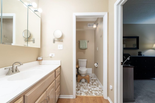 bathroom with toilet, vanity, and wood-type flooring