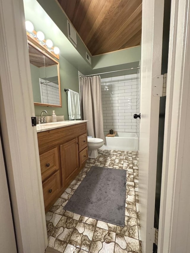 full bathroom featuring wooden ceiling, toilet, vanity, and shower / bath combination with curtain