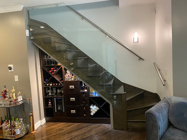 wine area with ornamental molding and dark hardwood / wood-style floors