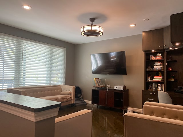 living room featuring a wealth of natural light and dark hardwood / wood-style floors