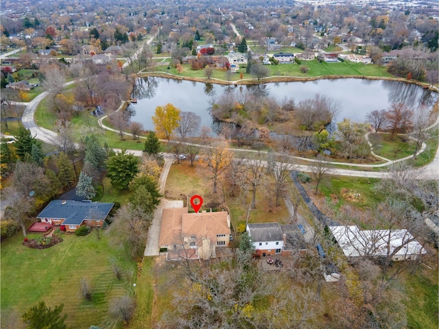 drone / aerial view featuring a water view